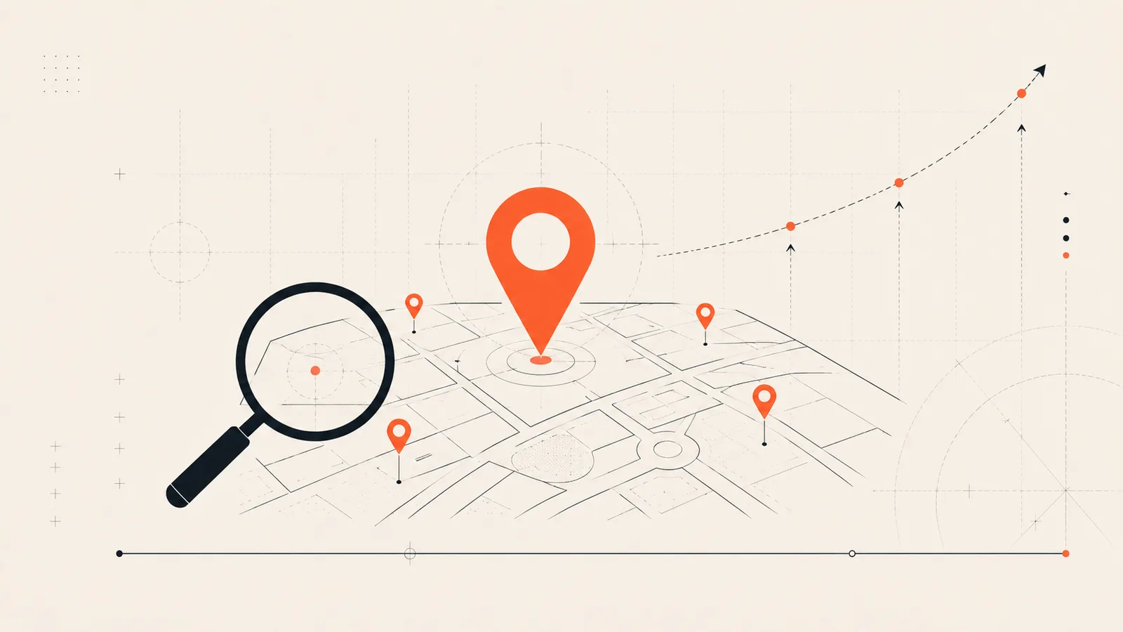 Editorial illustration of local search visibility — a map pin with rising enquiries.
