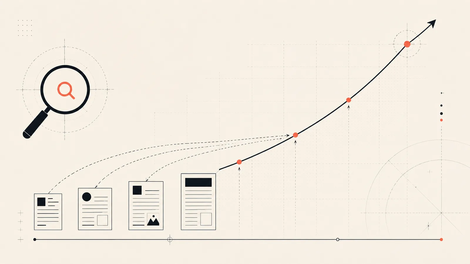 Editorial illustration of compounding organic-search growth — a rising traffic curve.